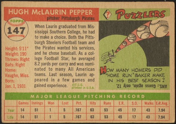 1955 Topps Laurin Pepper #147 Pittsburgh Pirates Fair Example D back of card