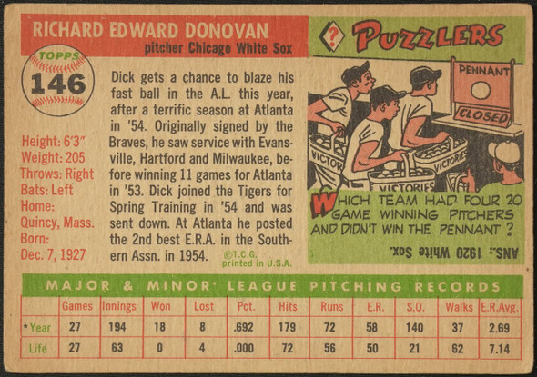 1955 Topps Dick Donovan #146 Chicago White Sox RC Fair — Example C back of card