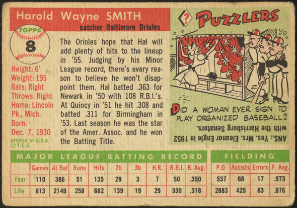 1955 Topps Hal Smith #8 Baltimore Orioles Fair Example B back of card