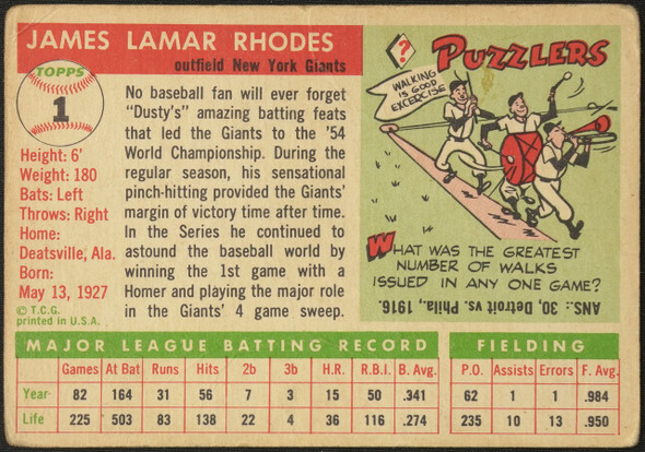 1955 Topps Dusty Rhodes #1 New York Giants Fair — Example C back of card