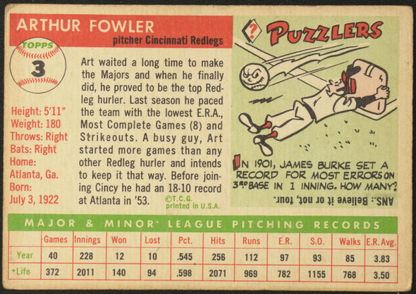 1955 Topps Art Fowler #3 Cincinnati Redlegs RC Fair back of card