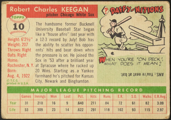 1955 Topps Bob Keegan #10 Chicago White Sox Fair — Example B back of card