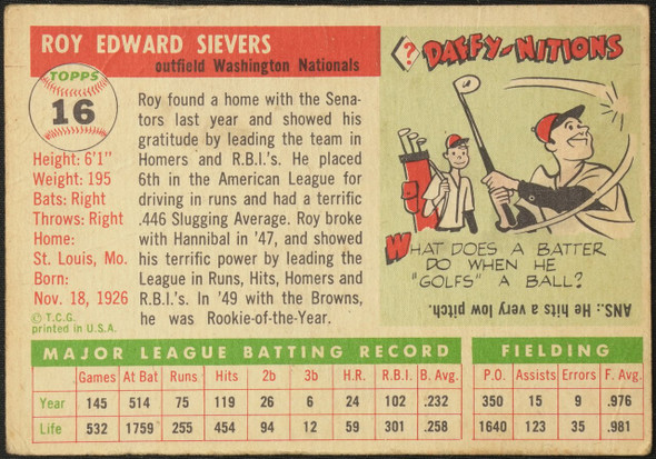 1955 Topps Roy Sievers #16 Washington Senators Fair Example C back of card