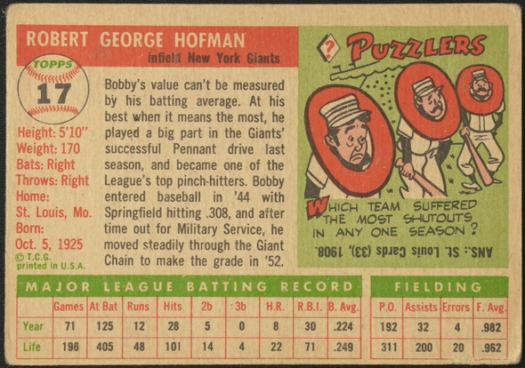 1955 Topps Bobby Hofman #17 New York Giants Fair Example B back of card