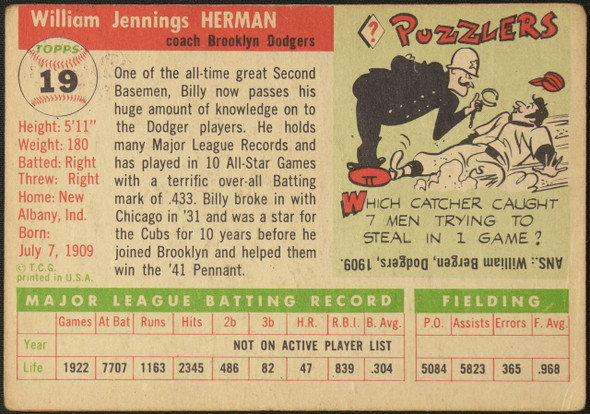 1955 Topps Billy Herman #19 Brooklyn Dodgers Fair Example C back of card