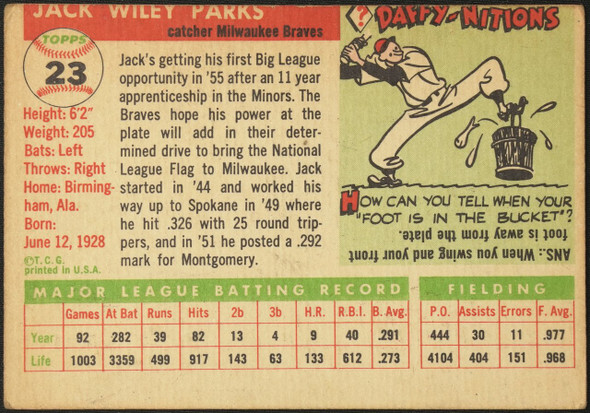 1955 Topps Jack Parks #23 Milwaukee Braves Fair Example C back of card