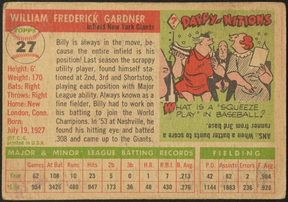 1955 Topps Billy Gardner #27 New York Giants Fair back of card