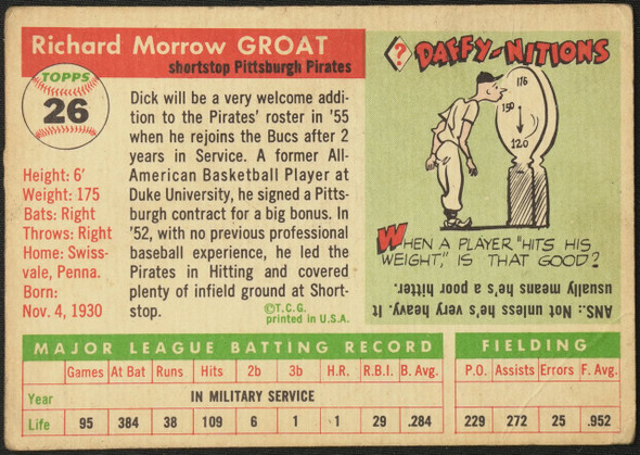 1955 Topps Dick Groat #26 Pittsburgh Pirates Fair Example B back of card