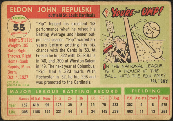 1955 Topps Rip Repulski #55 St. Louis Cardinals Fair Example C back of card
