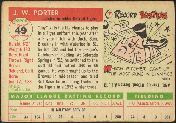 1955 Topps J.W. Porter #49 Detroit Tigers Fair Example C back of card