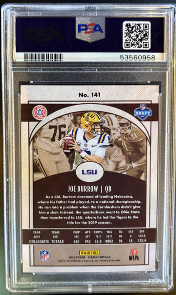 2020 Panini Legacy Joe Burrow #141 RC PSA 9 back of card