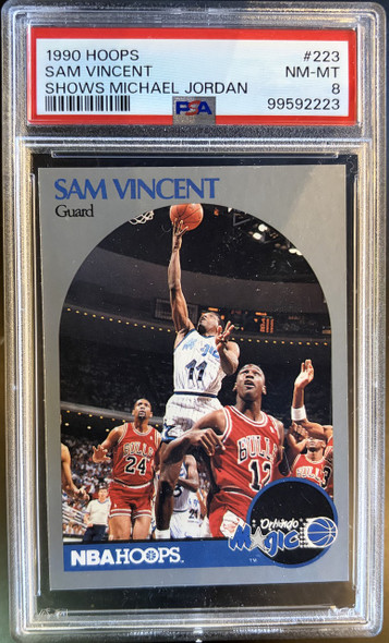 1990 NBA Hoops Sam Vincent #223 Shows Michael Jordan PSA 8 front of card