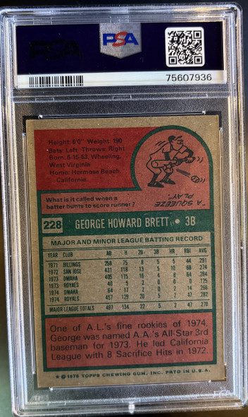 1975 Topps George Brett #228 HOF RC PSA 4 back of card