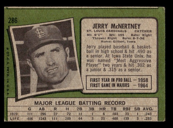 1971 Topps Jerry McNertney #286 St. Louis Cardinals Good back of card