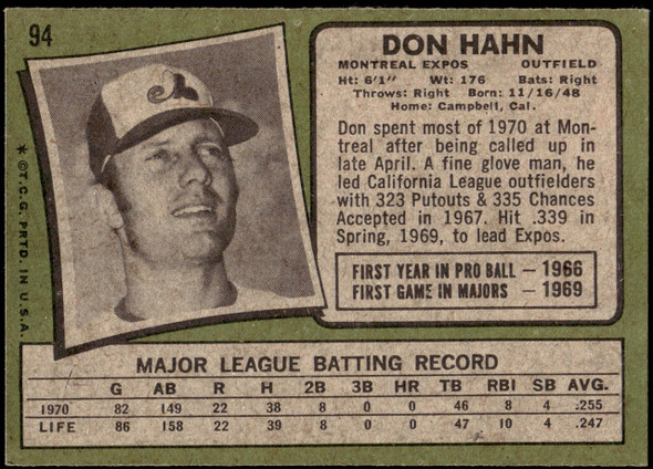 1971 Topps Don Hahn #94 Montreal Expos RC Good back of card