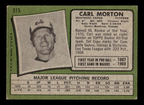 1971 Topps Carl Morton #515 Montreal Expos Good back of card