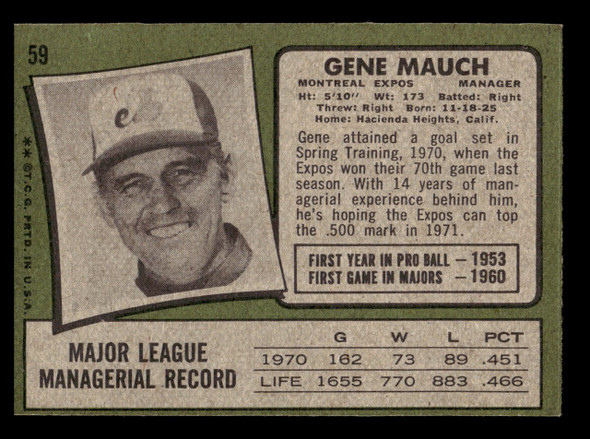 1971 Topps Gene Mauch #59 Montreal Expos Good back of card