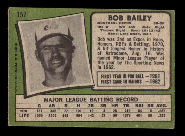 1971 Topps Bob Bailey #157 Montreal Expos Good back of card