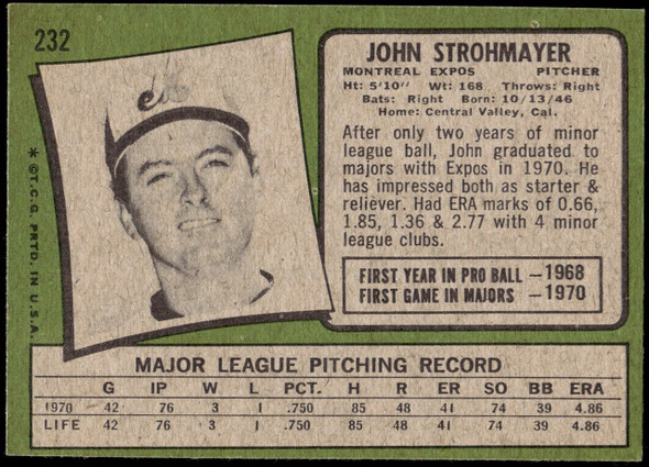 1971 Topps John Strohmayer #232 Montreal Expos RC VG back of card
