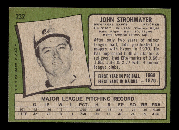1971 Topps John Strohmayer #232 Montreal Expos RC VG back of card