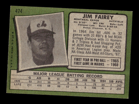 1971 Topps Jim Fairey #474 Montreal Expos VG back of card