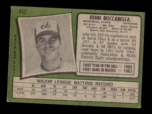 1971 Topps John Boccabella #452 Montreal Expos Good back of card