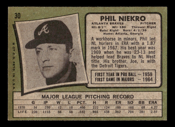 1971 Topps Phil Niekro #30 Atlanta Braves HOF Good back of card