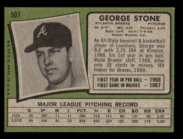 1971 Topps George Stone #507 Atlanta Braves VG back of card