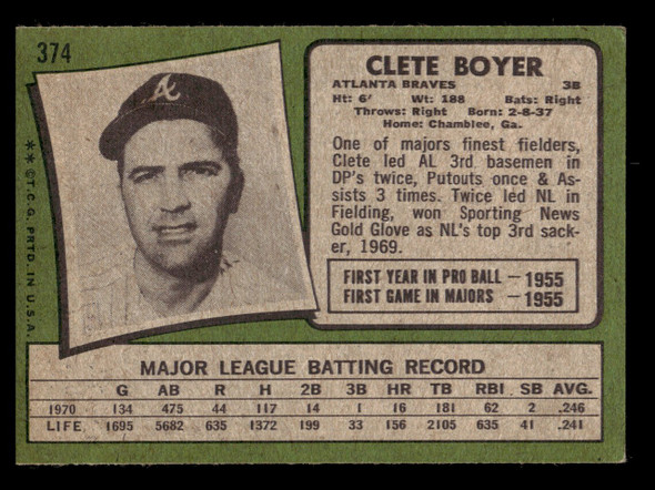 1971 Topps Clete Boyer #374 Atlanta Braves VG back of card