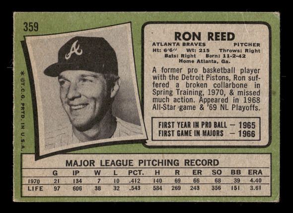 1971 Topps Ron Reed #359 Atlanta Braves Good back of card