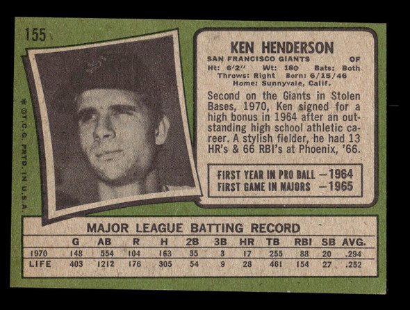 1971 Topps Ken Henderson #155 San Francisco Giants VG back of card
