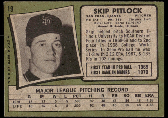 1971 Topps Skip Pitlock #19 San Francisco Giants RC Good back of card