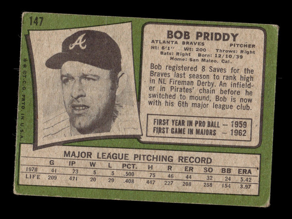 1971 Topps Bob Priddy #147 Atlanta Braves Low Grade - Creases back of card