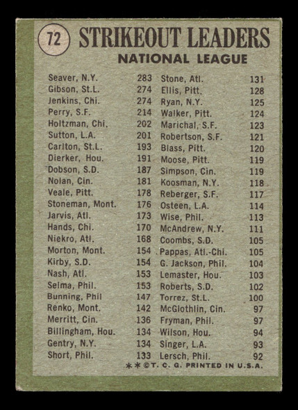 1971 Topps Tom Seaver, Bob Gibson, Fergie Jenkins #72 NL 1970 Strikeout Leaders HOF Good back of card