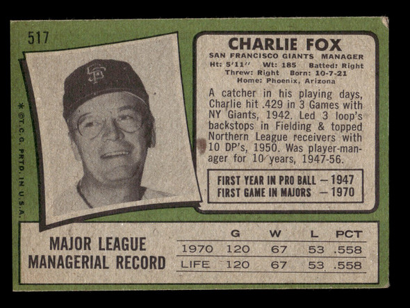 1971 Topps Charlie Fox #517 San Francisco Giants RC Good back of card