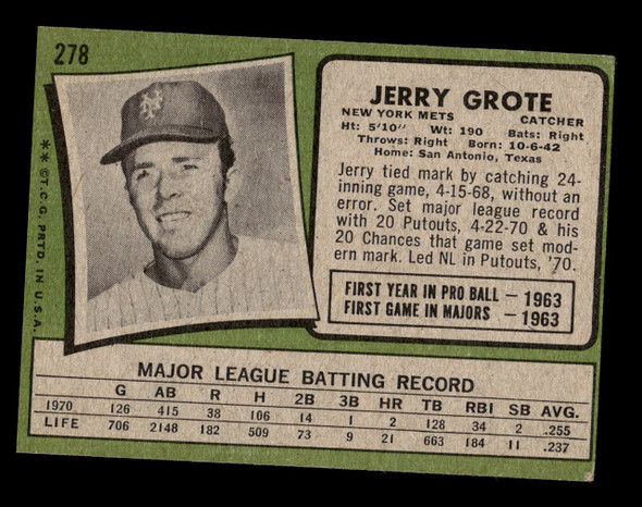 1971 Topps Jerry Grote #278 New York Mets Good back of card