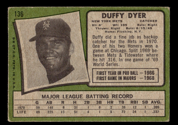 1971 Topps Duffy Dyer #136 New York Mets Good back of card