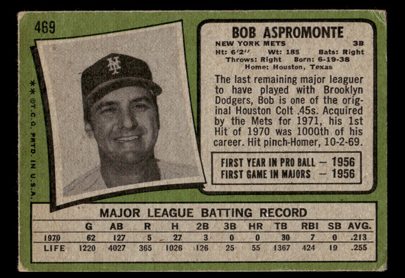 1971 Topps Bob Aspromonte #469 New York Mets Low Grade - Creases back of card