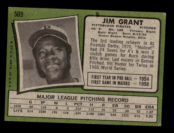 1971 Topps Mudcat Grant #509 Pittsburgh Pirates VG back of card
