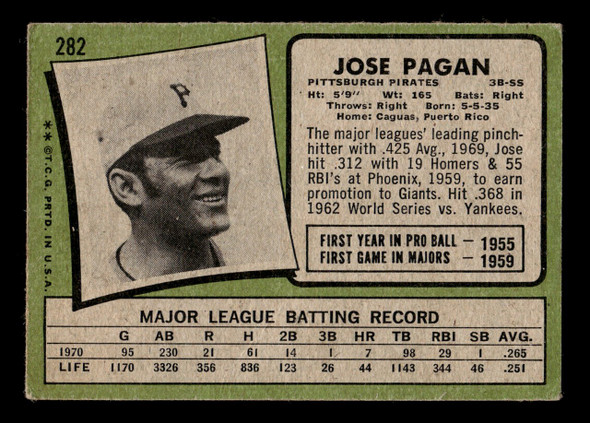 1971 Topps Jose Pagan #282 Pittsburgh Pirates VG back of card