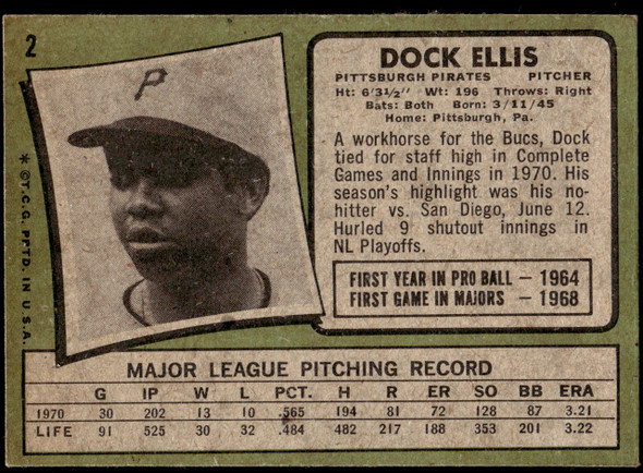 1971 Topps Dock Ellis #2 Pittsburgh Pirates VG back of card