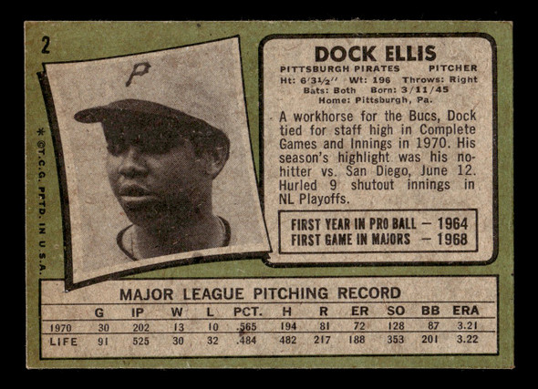 1971 Topps Dock Ellis #2 Pittsburgh Pirates VG back of card