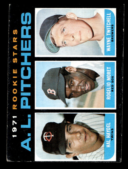 1971 Topps Hal Haydel, Rogelio Moret, Wayne Twitchell #692 AL Rookie Pitchers RC High Number SP VG front of card