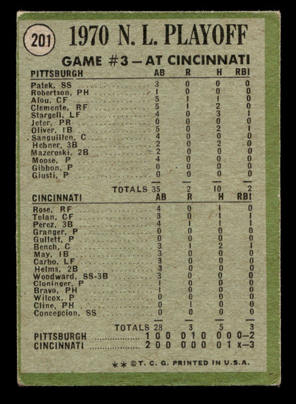 1971 Topps NL Playoffs Game 3 #201 Cline Scores Winning Run Good back of card