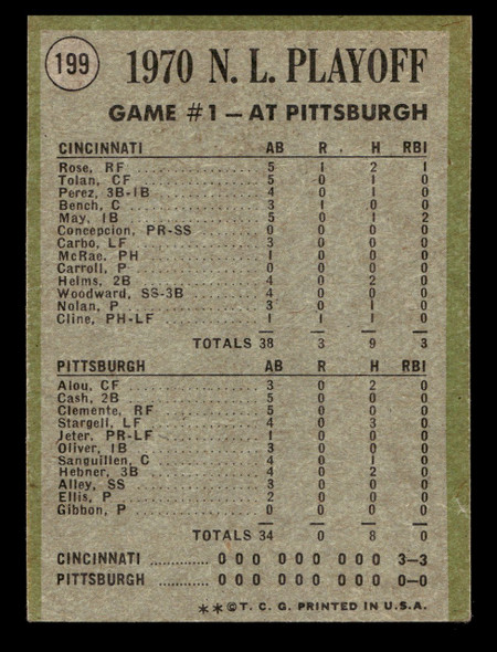 1971 Topps NL Playoffs Game 1 #199 Cline Pinch-Triple Decides It Good back of card