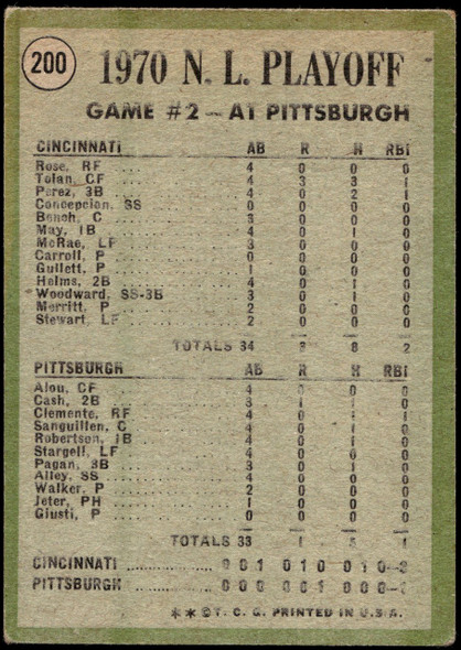 1971 Topps NL Playoffs Game 2 #200 Tolan Scores For Third Time Good back of card