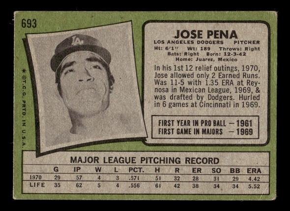 1971 Topps Jose Pena #693 Los Angeles Dodgers High Number SP VG back of card