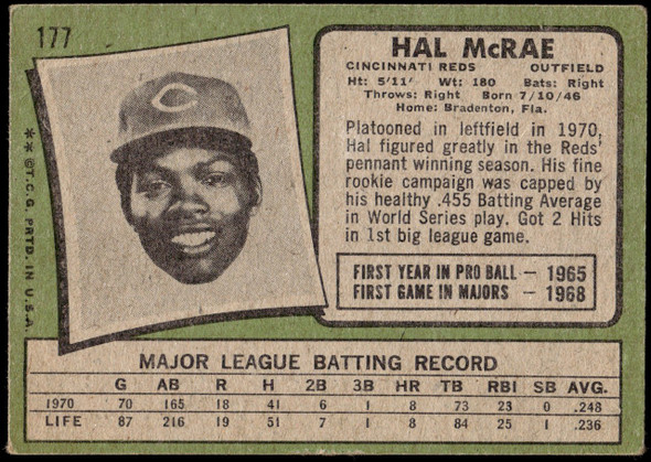 1971 Topps Hal McRae #177 Cincinnati Reds VG back of card