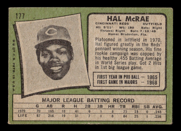 1971 Topps Hal McRae #177 Cincinnati Reds VG back of card