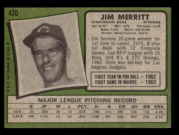 1971 Topps Jim Merritt #420 Cincinnati Reds Good back of card